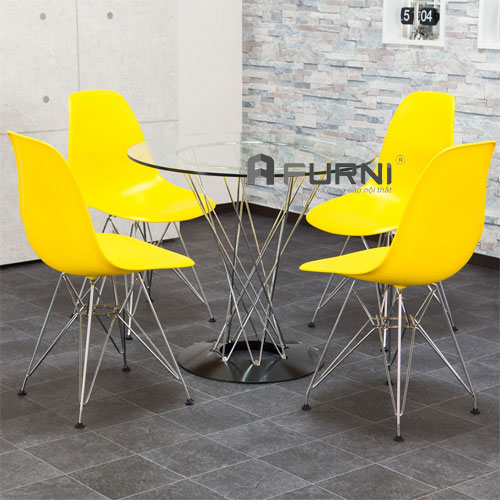 Bộ bàn ăn tròn 4 ghế màu vàng nổi bật dành cho gia đình tại HCM BA CYCLONE DSR