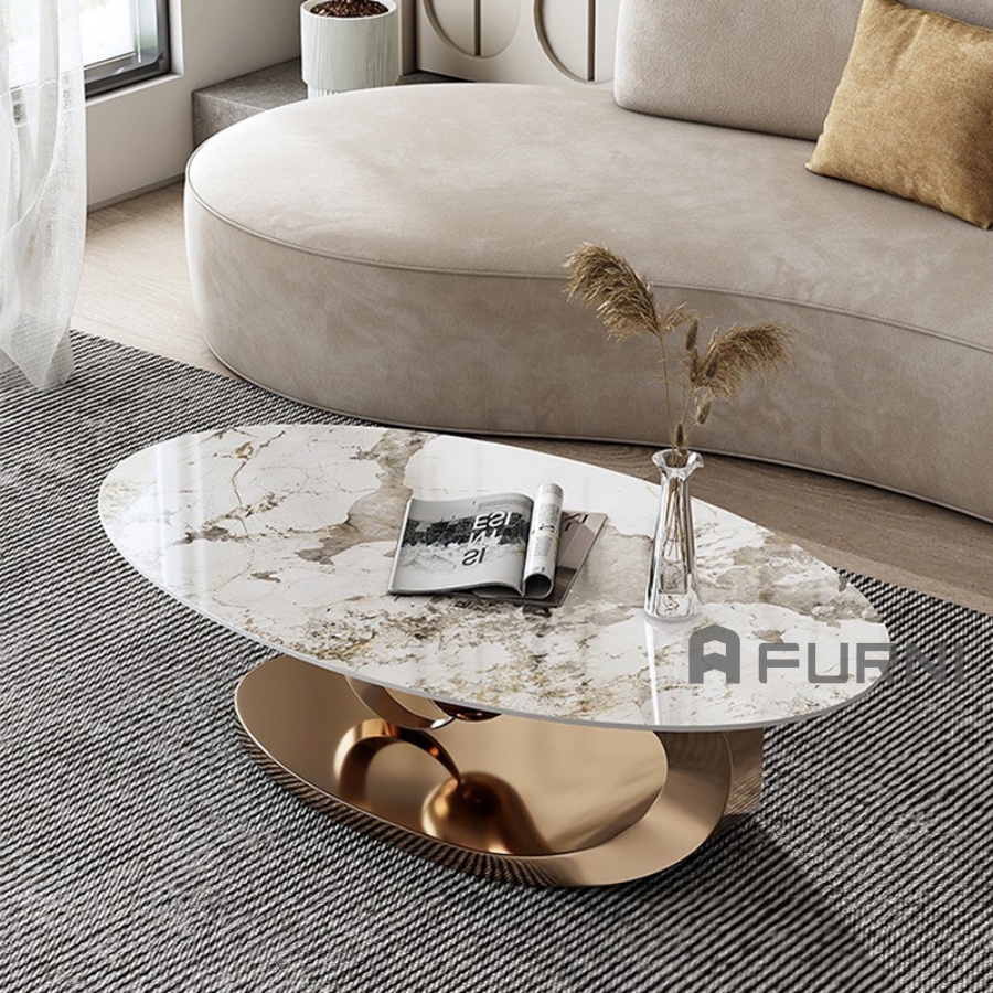 Bàn trà sofa mặt đá oval chân inox mạ màu vàng gold cho phòng khách TS0962A-12E
