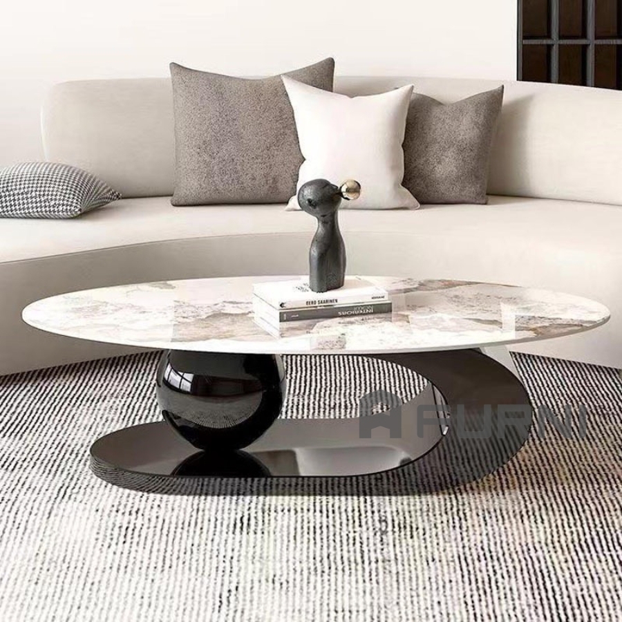 Bàn trà sofa mặt đá oval chân inox đen sang trọng cho phòng khách TS0962A-12E