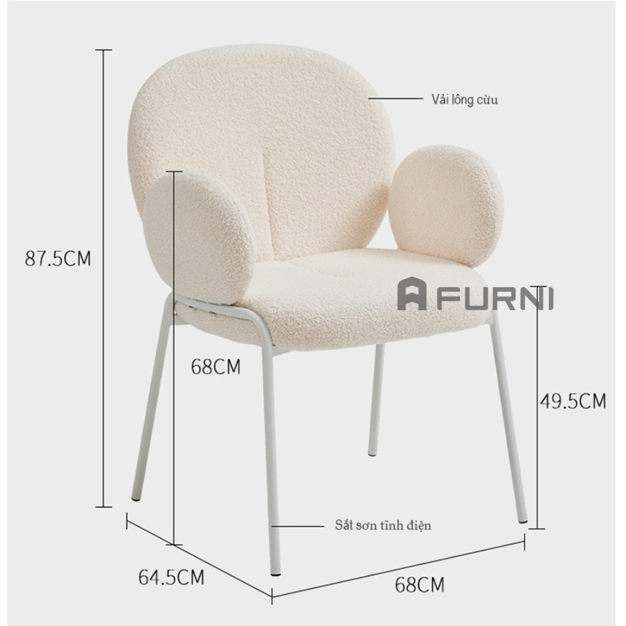 Ghế ăn - ghế trang điểm vải lông cừu chân sắt màu trắng đẹp tinh tế CC3009-F