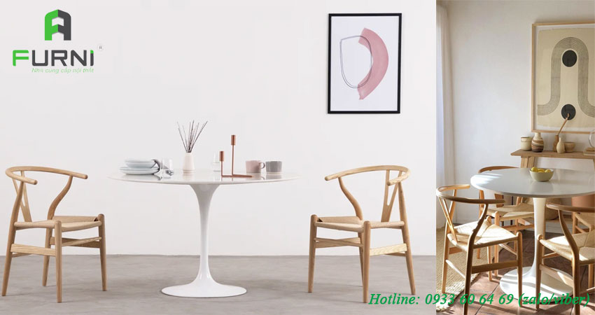 Bộ bàn ghế café bằng gỗ kết hợp khéo nệm ghế đan mây đơn giản CF TULIP WISHBONE
