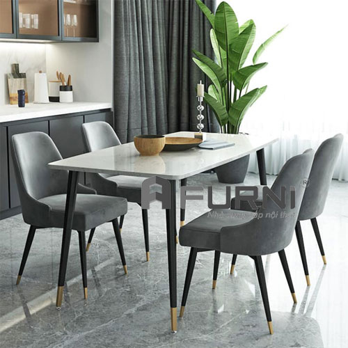 Bàn ăn mặt đá dài chân sắt nhập khẩu