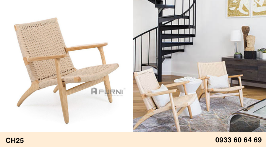 Ghế gỗ thư giãn có nệm ngồi lưng tựa đan dây CH25