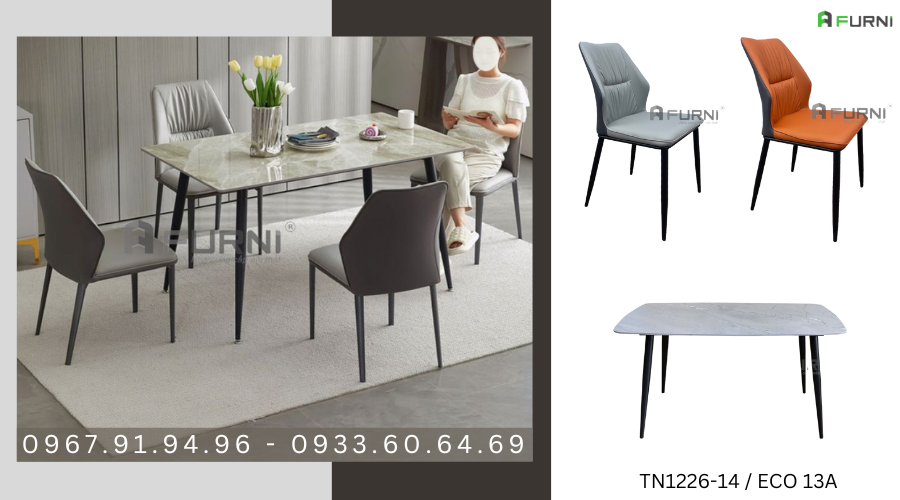 Bộ bàn ghế ăn mặt đá cho căn hộ chung cư 4 ghế ngồi nệm da simili hiện đại TN1226-14 / ECO 13A