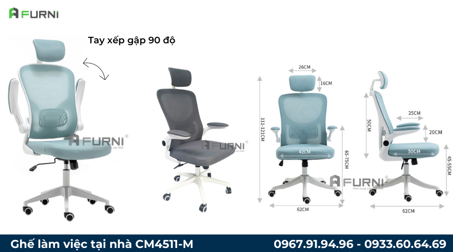 Ghế nhân viên lưng lưới có tựa đầu tay gập 90 nhập khẩu CM4511-M