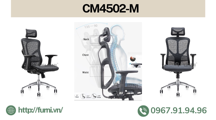 Ghế văn phòng ergonomic chân xoay tay nhựa 3D điều chỉnh hcm CM4502-M