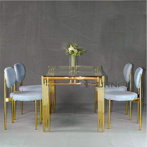 Bộ bàn ghế ăn kính chân inox mạ gold